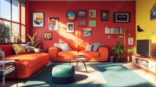 A vibrant living room with red walls and orange couches filled with decorative objects