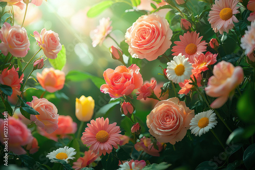 Wallpaper Mural Sunlit garden with blooming roses, daisies, and tulips Torontodigital.ca