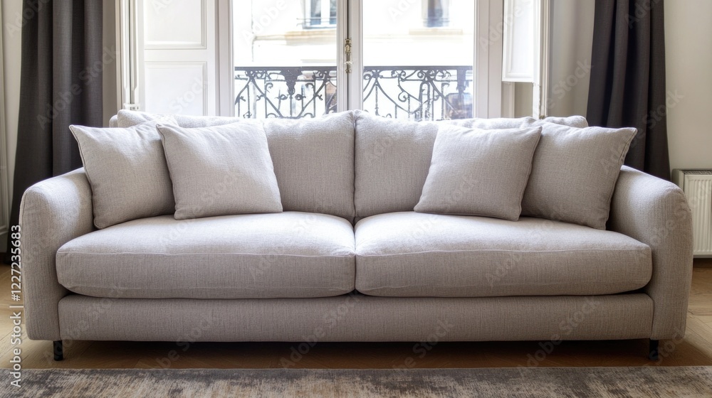 A large gray couch with pillows on it. The couch is in a room with a window and a radiator A large gray couch with pillows on it. The couch is in a room with a window and a radiator