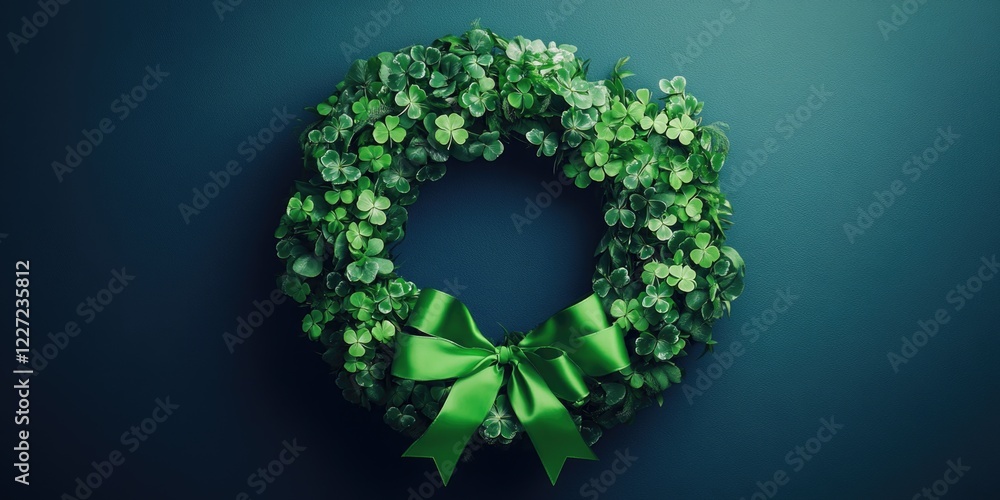 A green wreath with green ribbon and green leaves. The wreath is on a blue background A green wreath with green ribbon and green leaves. The wreath is on a blue background