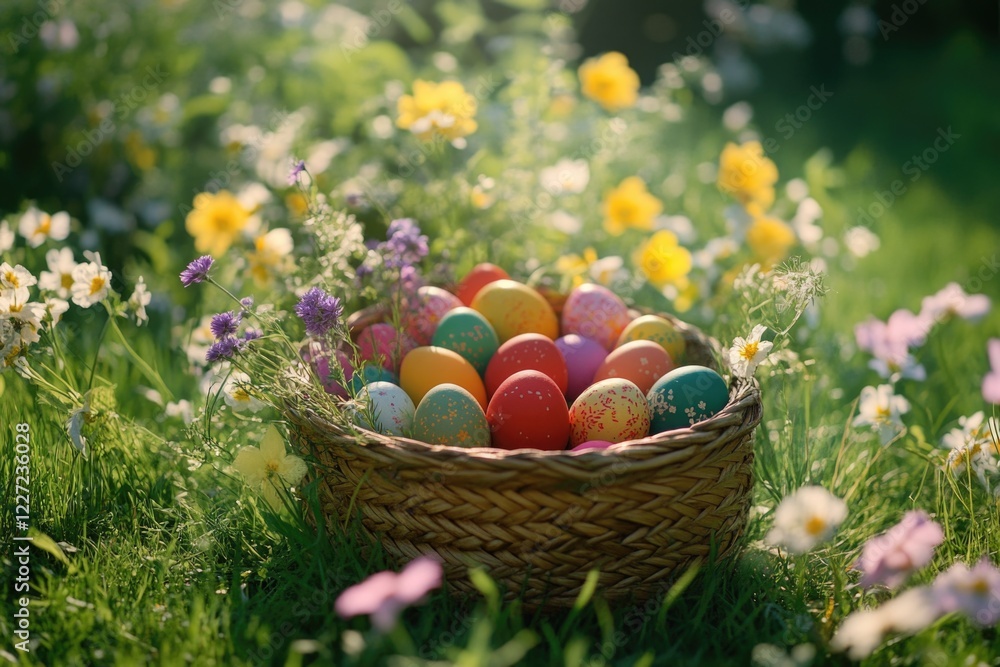 A basket full of Easter eggs is sitting in a field of flowers. The basket is overflowing with eggs of various colors, including yellow, orange, and green. The scene is peaceful and serene A basket full of Easter eggs is sitting in a field of flowers. The basket is overflowing with eggs of various colors, including yellow, orange, and green. The scene is peaceful and serene