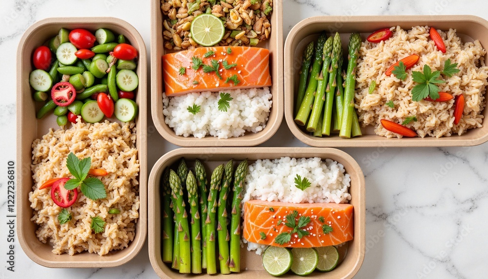 Healthy meal prep with salmon and veggies in eco-friendly containers, wellness Healthy meal prep with salmon and veggies in eco-friendly containers, wellness