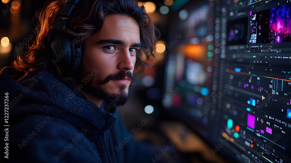 A creator showing animated captions and trendy transitions on a screen while editing a short video, vibrant design elements, with text space A creator showing animated captions and trendy transitions on a screen while editing a short video, vibrant design elements, with text space