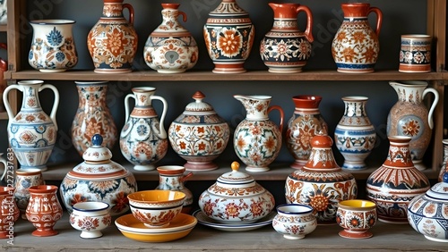 A vibrant display of traditional Romanian hand-painted ceramics, showcasing intricate floral designs and rich colors on plates, bowls, and pitchers photo