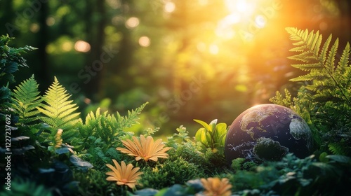 A serene view of the Earth nestled amongst lush ferns and vibrant flowers bathed in the soft glow of the sun a testament to the planet's natural beauty photo