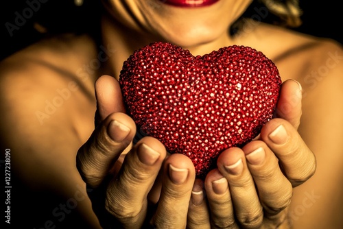 Commercial digital ads conceptual art. Adult valentine's day greeting card: adult woman with thrilled face holds red heart in hands. Sign of love and affection. Valentine's surprise proposals. photo