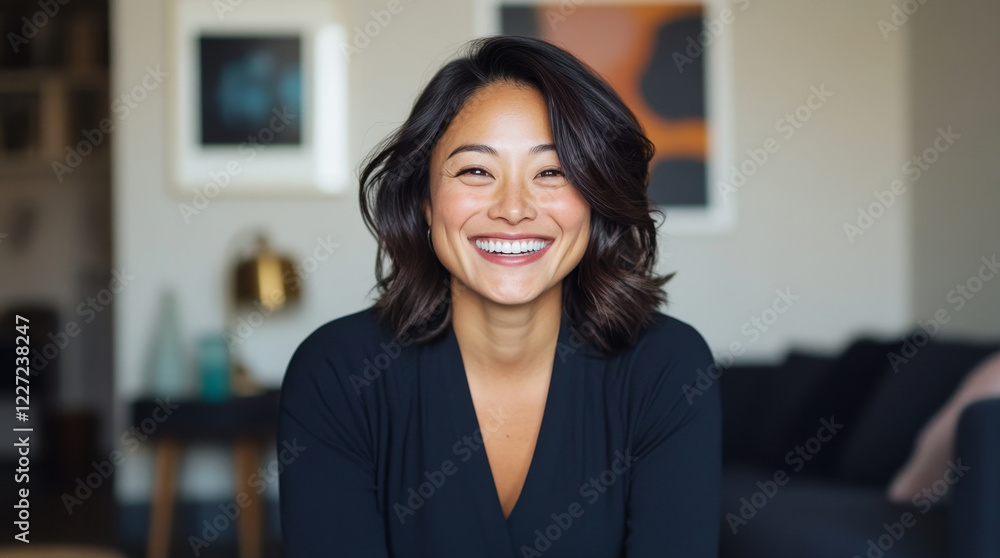 A happy woman sits comfortably in her living room, exuding warmth and joy. Her pregnancy glow adds to the cozy atmosphere of her home, reflecting a moment of relaxation and contentment. A happy woman sits comfortably in her living room, exuding warmth and joy. Her pregnancy glow adds to the cozy atmosphere of her home, reflecting a moment of relaxation and contentment.