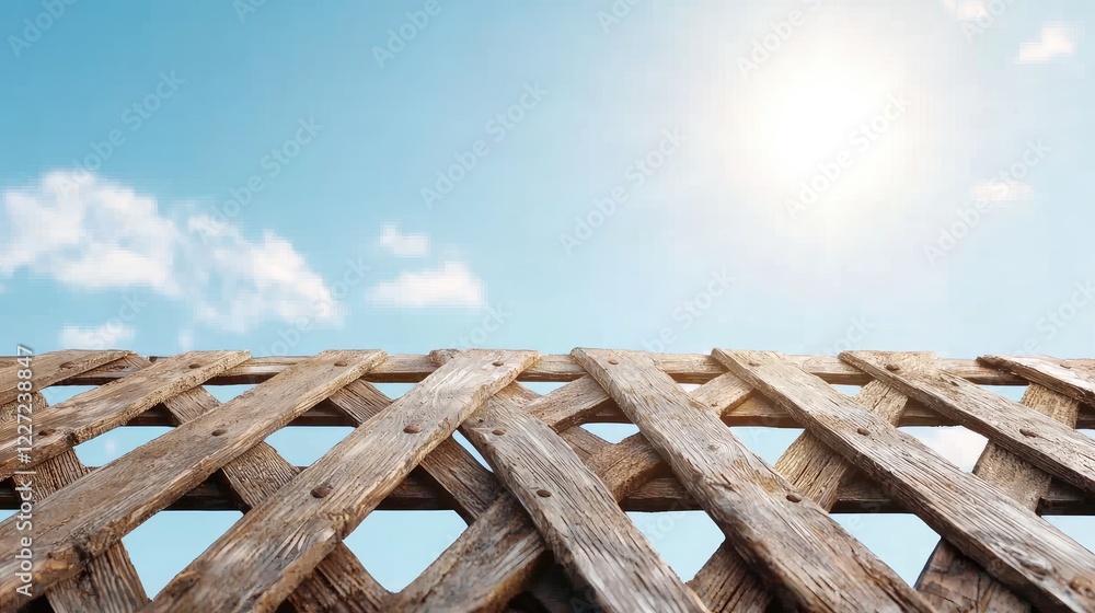 Rustic wooden fence against sunny sky; background for product display Rustic wooden fence against sunny sky; background for product display