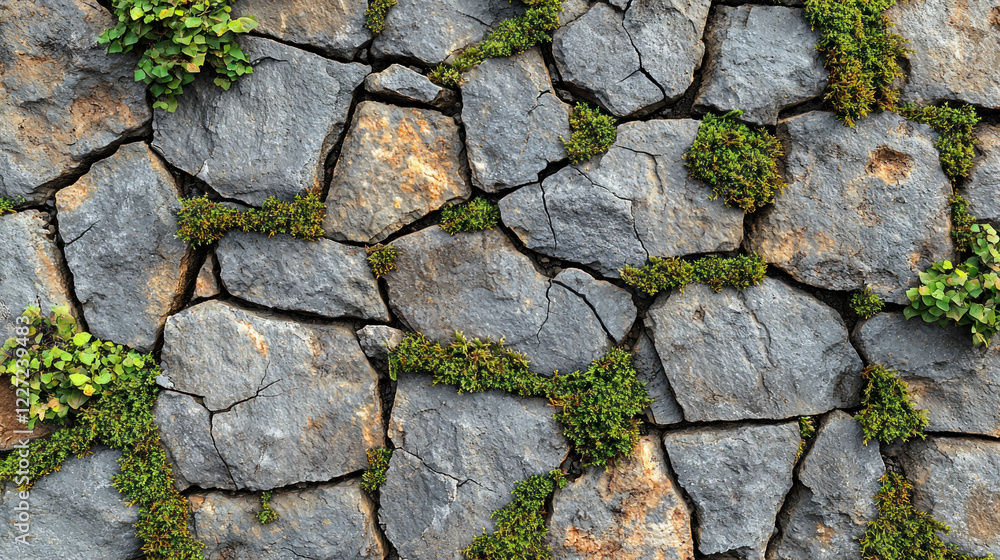 Obraz premium Stone wall with green moss, ideal for backgrounds or textures