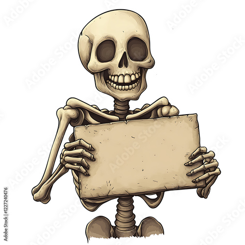 Skeleton holding a blank sign with a cheerful expression against a simple background photo