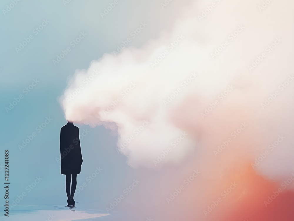 Mental fatigue concept illustration of a woman with a fog in her head, representing mental tiredness Mental fatigue concept illustration of a woman with a fog in her head, representing mental tiredness