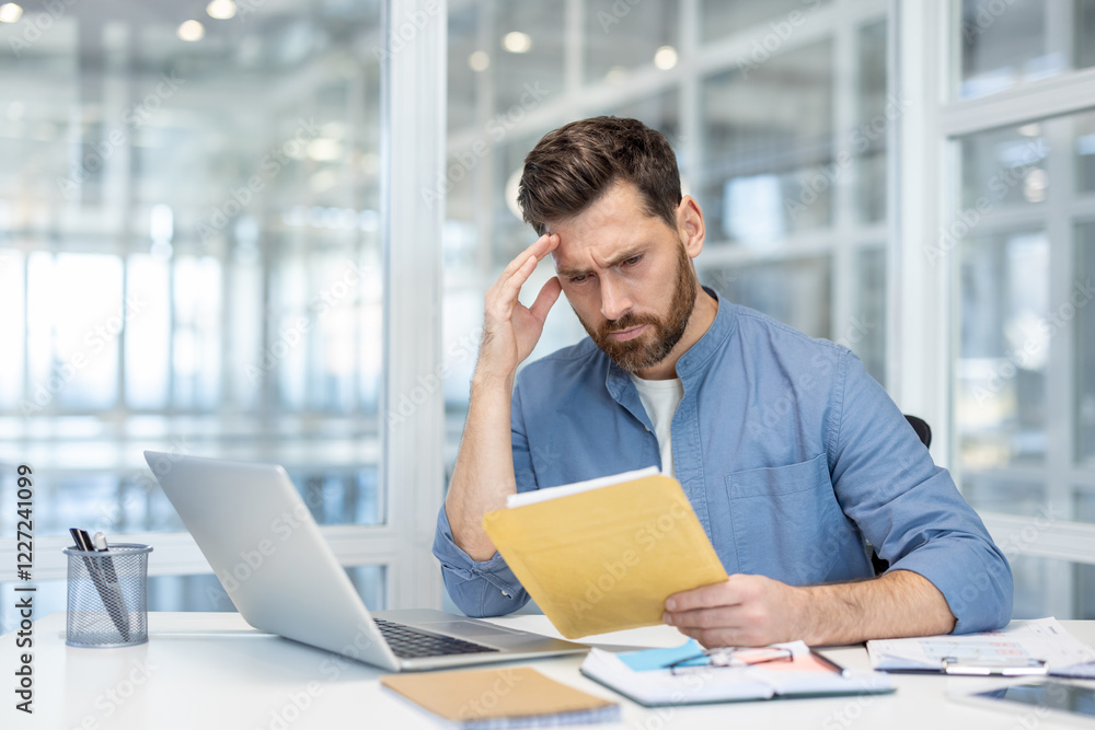 Bad news mail message about bankruptcy. Man upset inside office disappointed reading notification, holding envelope with letter. Dissatisfied worker inside office at workplace. Bad news mail message about bankruptcy. Man upset inside office disappointed reading notification, holding envelope with letter. Dissatisfied worker inside office at workplace.