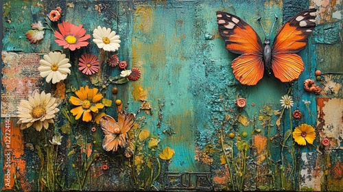 Whimsical Mixed Media Butterfly and Floral Art on Textured Turquoise Background with Dimensional Elements