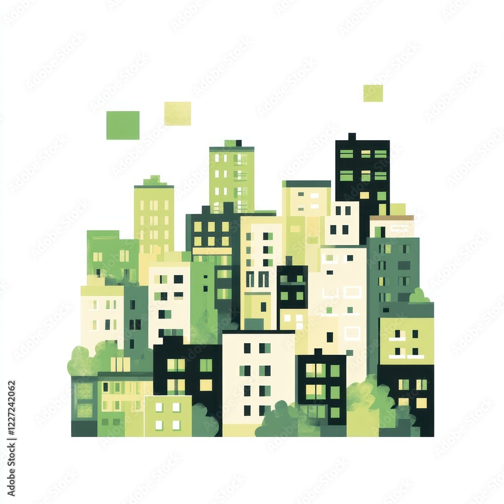 An illustration of a green city skyline with various buildings An illustration of a green city skyline with various buildings