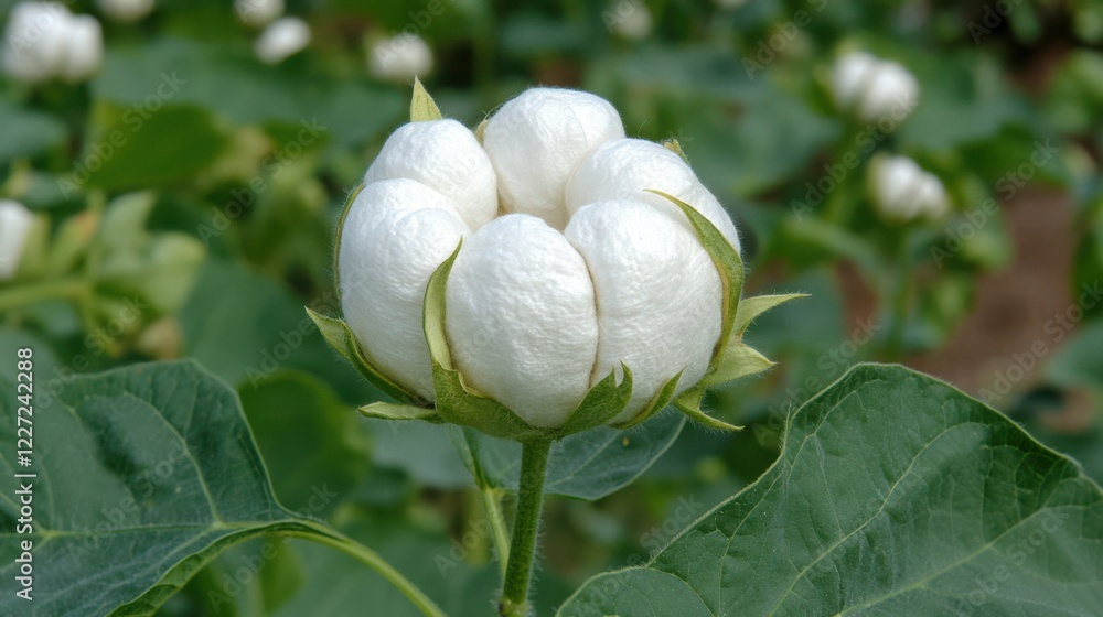 A close-up of a cotton plant bud, featuring soft white fibers and green leaves, set against a backdrop of cotton fields. A close-up of a cotton plant bud, featuring soft white fibers and green leaves, set against a backdrop of cotton fields.