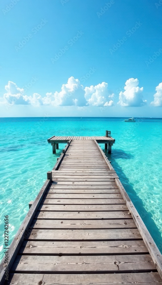 Obraz premium Aged gray wooden pier planks, vibrant blue sea, cloudless summer sky , blue, seascape, coastal