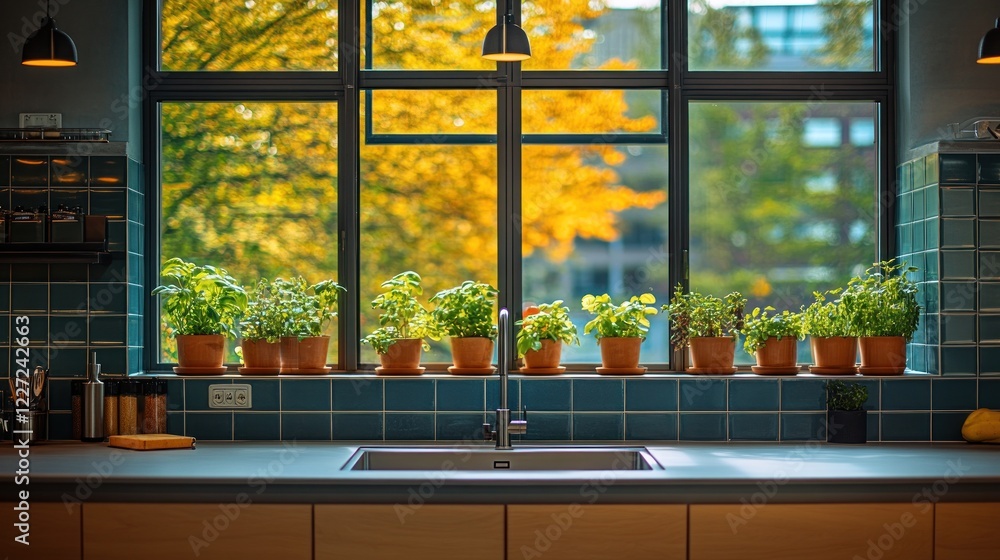 Fototapeta premium Kitchen sink with herbs in pots on windowsill.