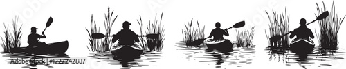 Silhouette of a person kayaking through a wetland vector silhouette