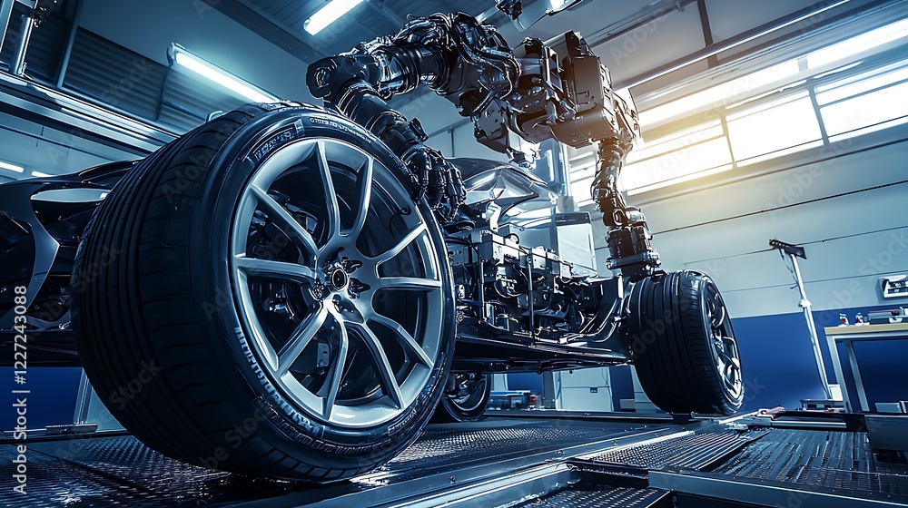Robotic Arm Inspecting Automotive Chassis Assembly Robotic Arm Inspecting Automotive Chassis Assembly
