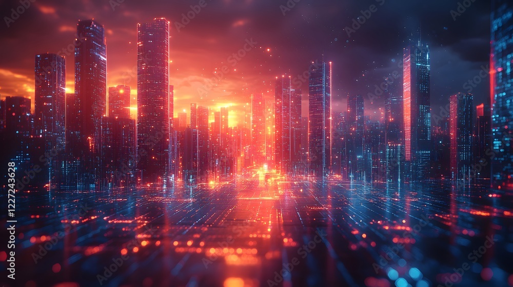 Obraz premium 3D holographic city with transparent skyscrapers and moving digital elements with copy space