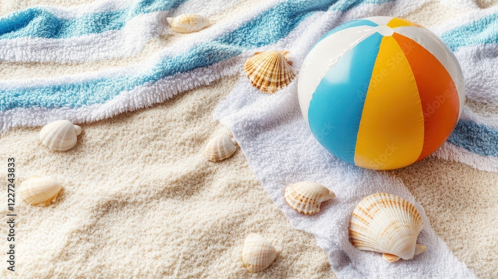 Obraz premium A beach scene with a blue and orange beach ball and a pile of seashells