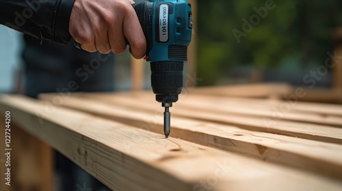 A hand operates a drill over wooden planks, showcasing DIY construction or woodworking in action with a focus on tools and craftsmanship. photo