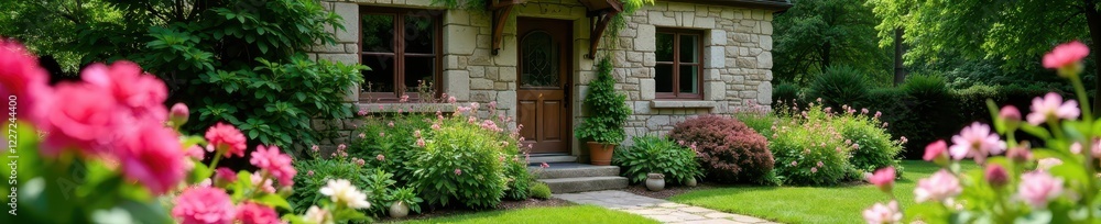 Stone house, vibrant flowers blooming in garden , beauty, village Stone house, vibrant flowers blooming in garden , beauty, village