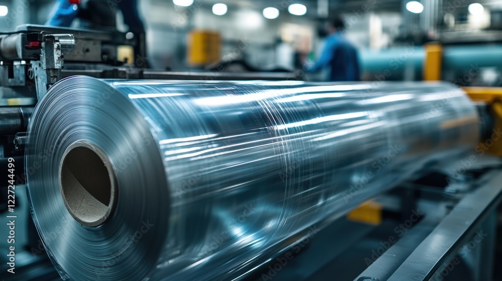 A large roll of transparent plastic film is displayed in a manufacturing facility, showcasing industrial machinery and workers in the background. A large roll of transparent plastic film is displayed in a manufacturing facility, showcasing industrial machinery and workers in the background.