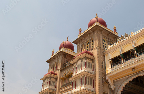 Mysore, Karnataka, India - APRIL 19, 2019: Mysuru palace Beautiful decoated interior ceiling and pillars of the Ambavilasa Hall, inside the royal Mysore Palace. and dasara elephants, Temples photo