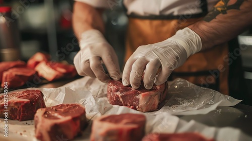 A chef wearing white gloves carefully prepares a cut of beefsteak. photo