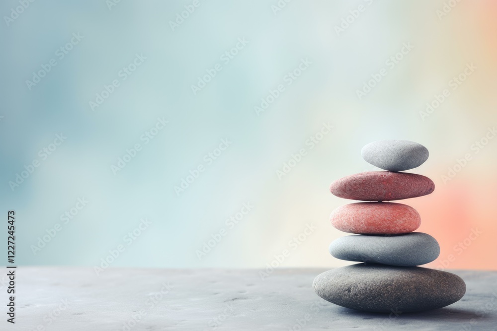Smooth stones balancing on each other on a table creating a peaceful atmosphere Smooth stones balancing on each other on a table creating a peaceful atmosphere
