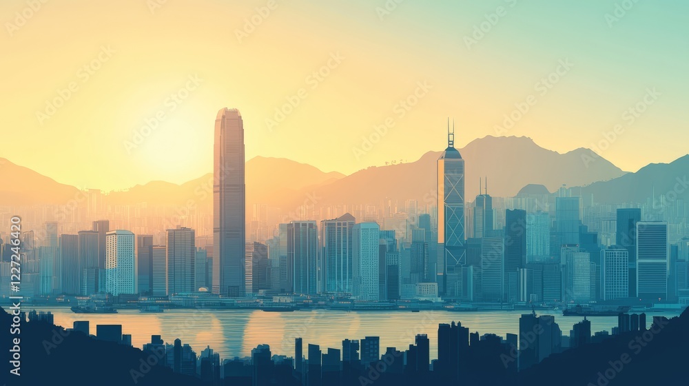 Obraz premium Hong Kong city panorama, urban landscape with modern buildings. Business travel and travelling of landmarks. Illustration, web background. Skyscraper silhouette. China