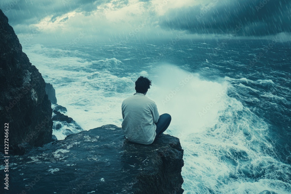 Fototapeta premium Man on Cliff Overlooking Ocean