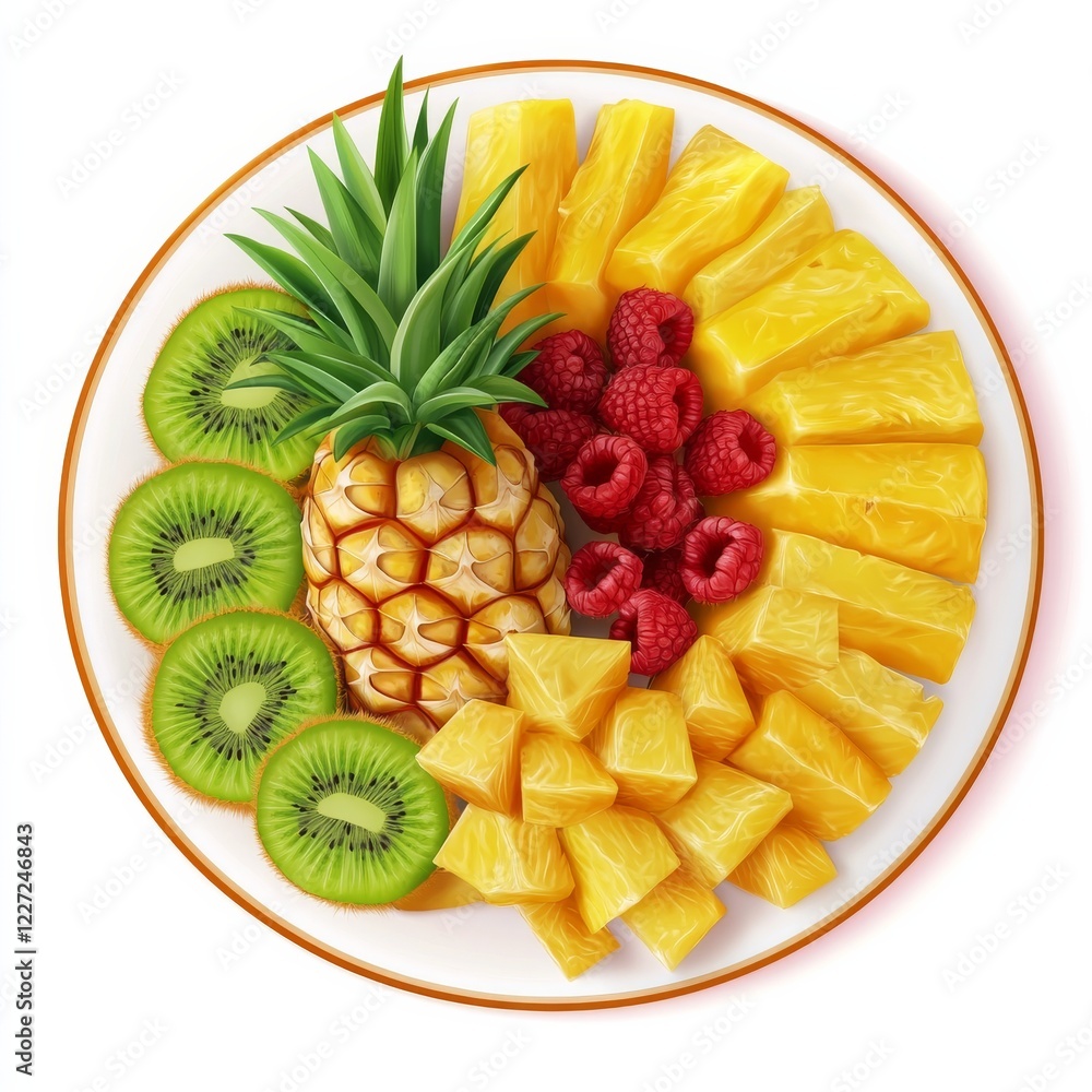 A fresh fruit platter with pineapple slices, mango, and kiwi A fresh fruit platter with pineapple slices, mango, and kiwi