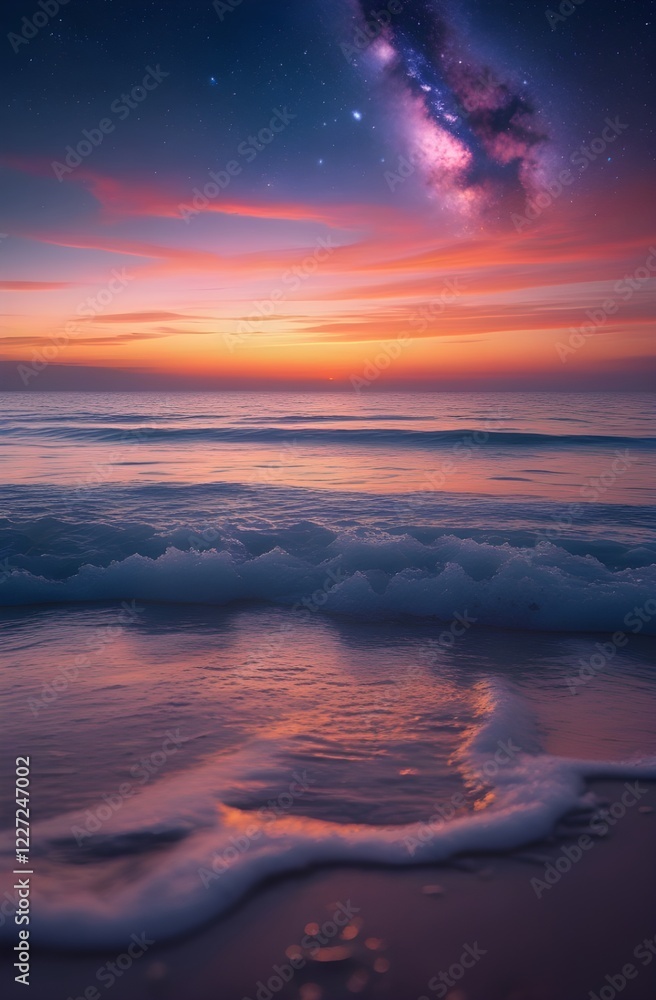 Fototapeta premium Clear Ocean Waters Under Vibrant Sunset and Starry Night Sky Phone Background 