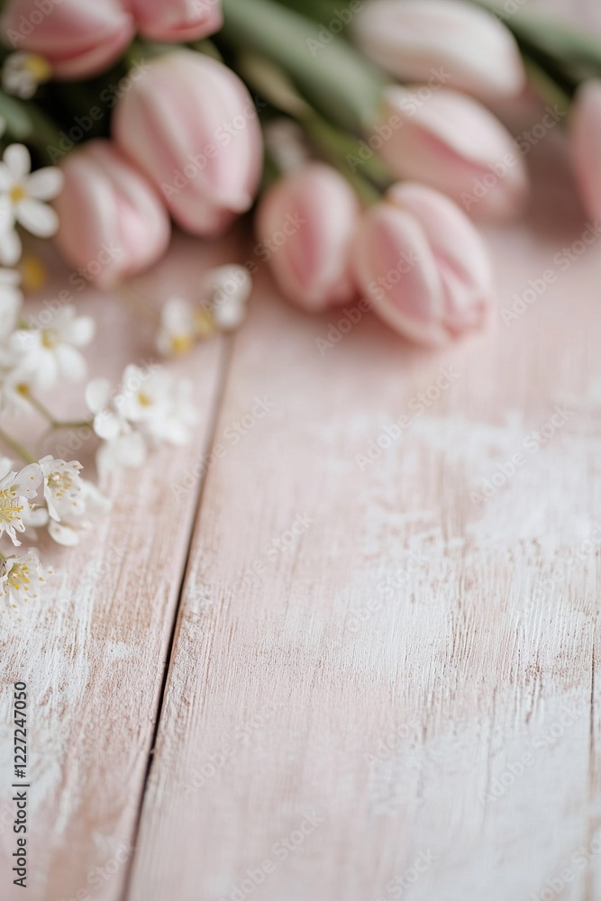 Soft pink tulips and small white flowers rest elegantly on a rustic wooden tabletop, showcasing a tranquil, fresh atmosphere, perfect for spring gatherings or floral arrangements Soft pink tulips and small white flowers rest elegantly on a rustic wooden tabletop, showcasing a tranquil, fresh atmosphere, perfect for spring gatherings or floral arrangements