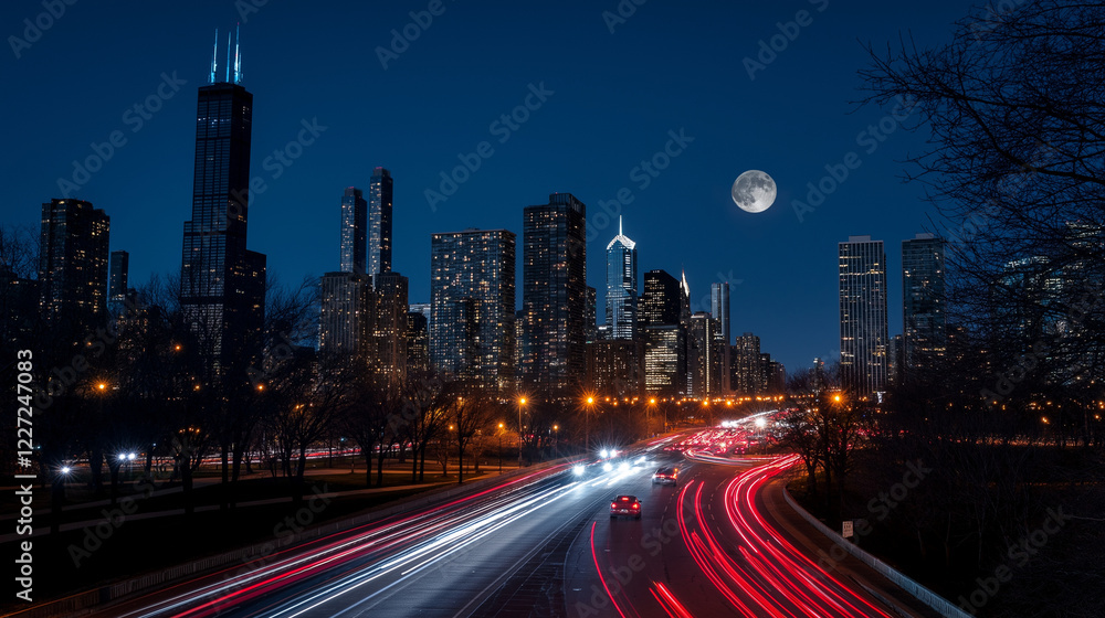 Fototapeta premium A night cityscape with skyscrapers glowing with lights, cars streaking past, and a full moon in the sky.