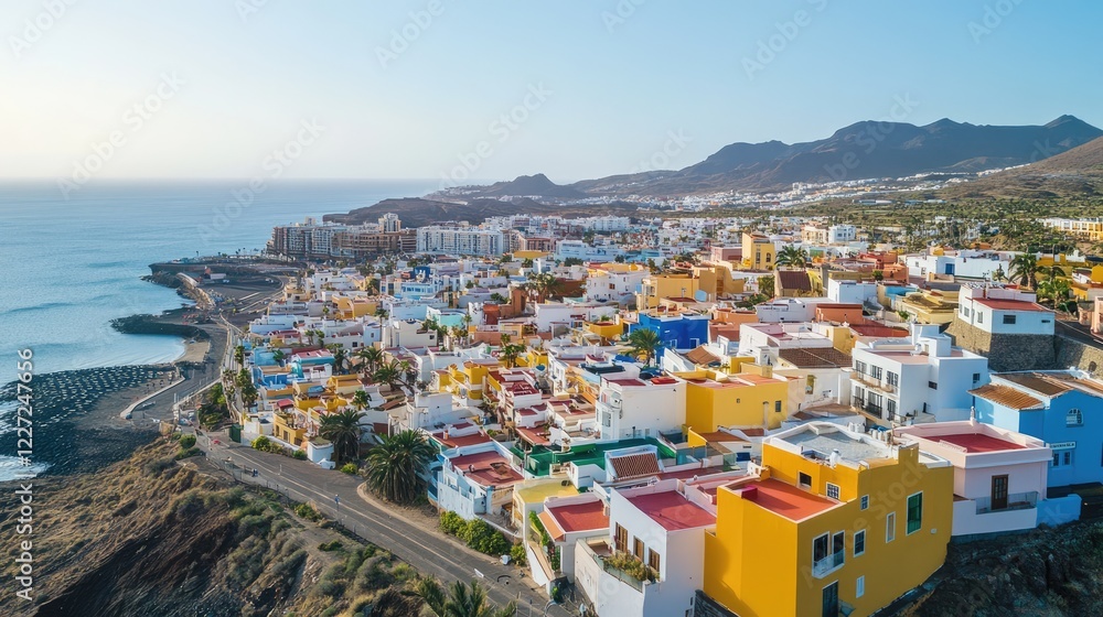 Obraz premium Horizontal aerial view of colourful houses in Las Coloradas neighbourhood in La Isleta, Las Palmas de Gran Canaria, Spain