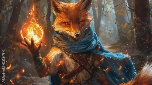 A fox-like character in a blue cloak stands in a vibrant forest, holding a glowing, fiery orb. The warm colors and magical elements create an enchanting fantasy atmosphere. photo