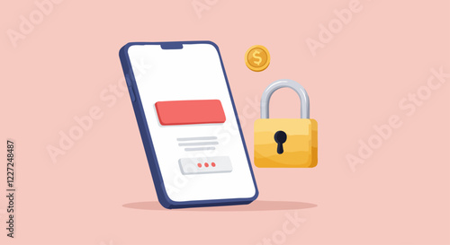 Digital security concepts with smartphone interface and large padlock in a minimalist style, conveying data protection.