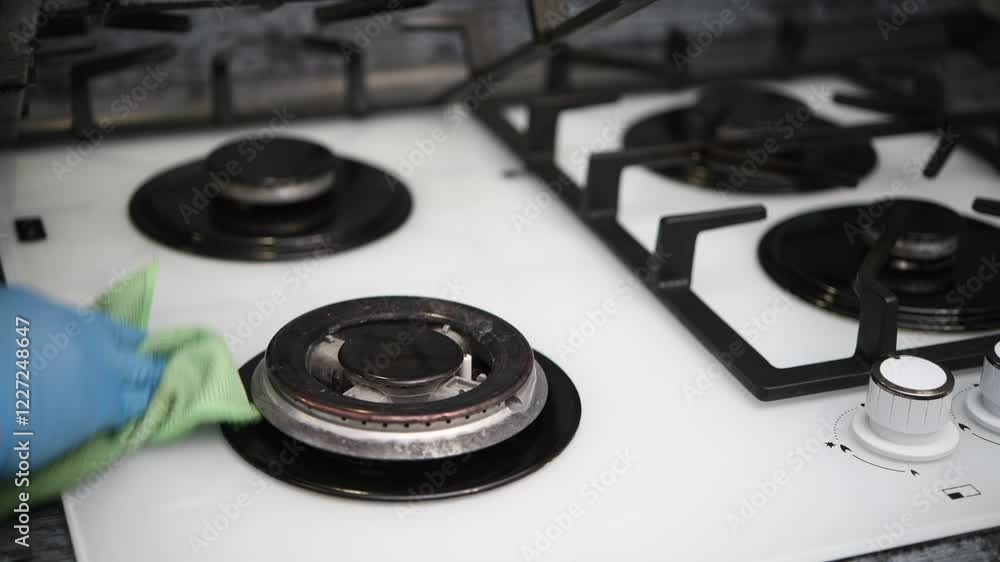 The housewife cleans the gas hob in the kitchen.. Housekeeping concept. The housewife cleans the gas hob in the kitchen.. Housekeeping concept.