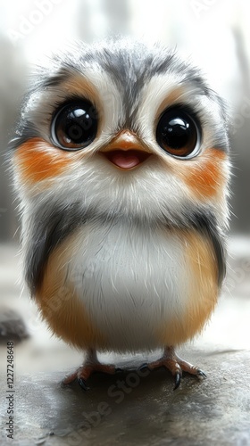 Cute little bird with big eyes perched on a rocky surface in a natural setting