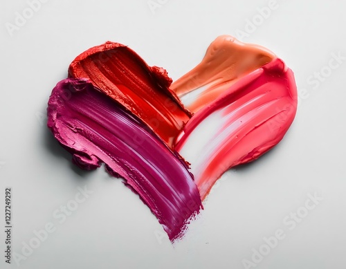 Creative concept image of cosmetics makeup beauty products lipstick eyeshadows foundation makeup in shape of heart on white background.