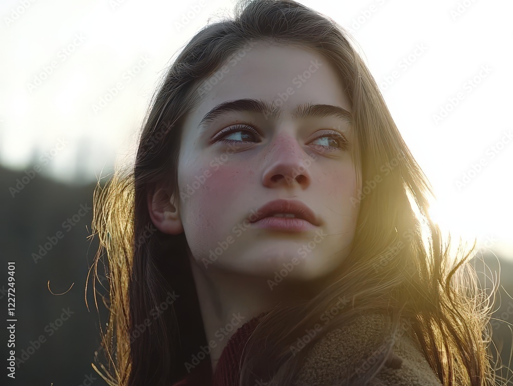 Fototapeta premium Sunlit girl gazes thoughtfully into the distance during a serene moment in nature