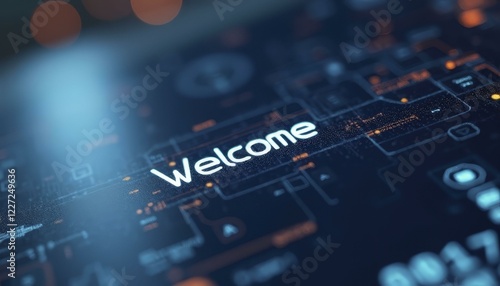 High-Tech Circuit Board Screen with WELCOME in Glowing White Letters