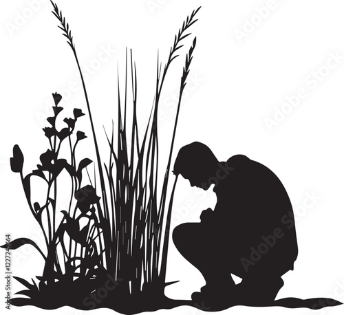 Silhouette of a person crouching near plants vector silhouette