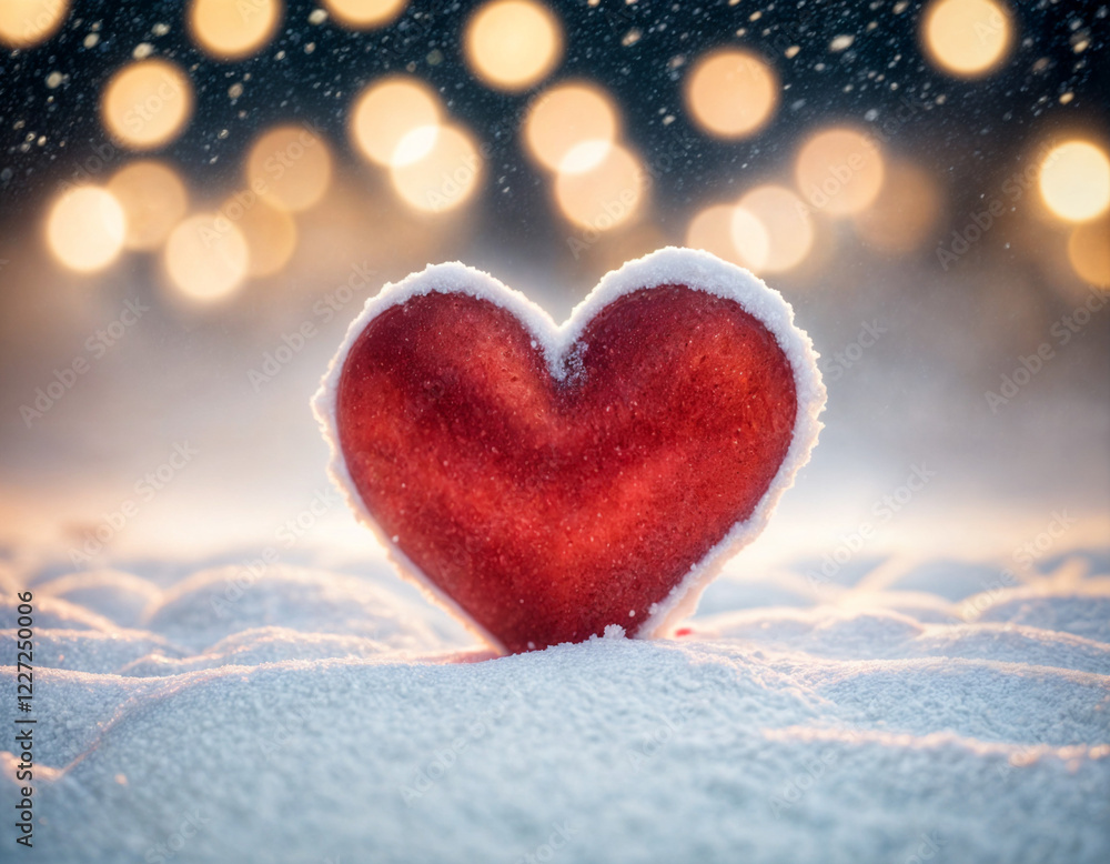 February 14 postcard, red heart on the snow among blurry lights, space for text, February 14 postcard, red heart on the snow among blurry lights, space for text,