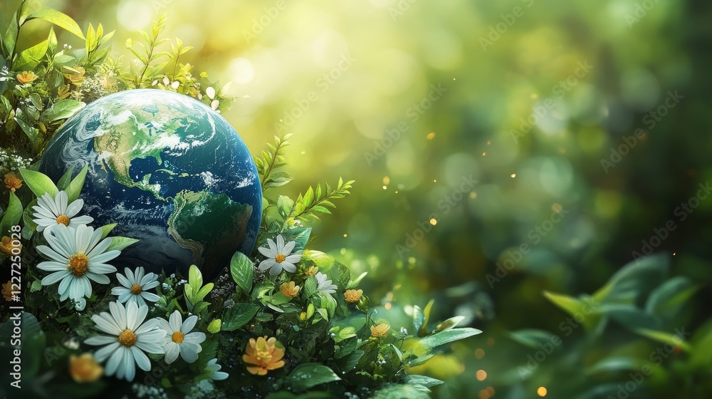 The Earth is embraced by nature's vibrant greenery and delicate flowers, symbolyzing a world of harmony and ecological balance The Earth is embraced by nature's vibrant greenery and delicate flowers, symbolyzing a world of harmony and ecological balance