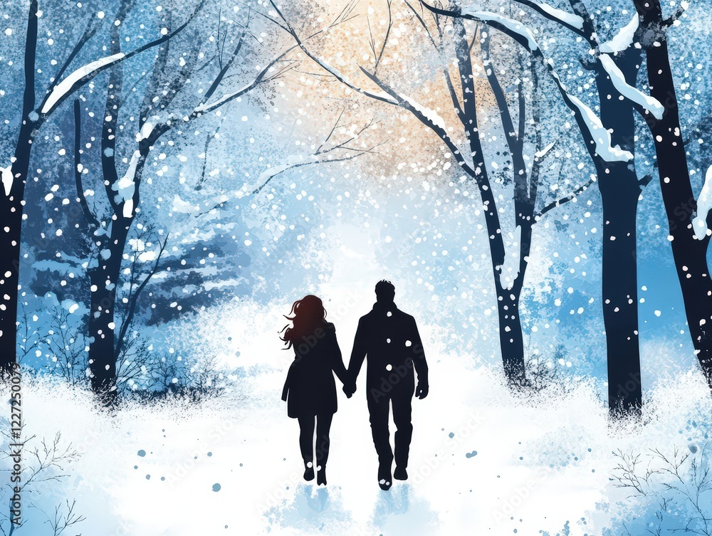 Couple walking hand in hand through a snowy forest in a winter wonderland Couple walking hand in hand through a snowy forest in a winter wonderland