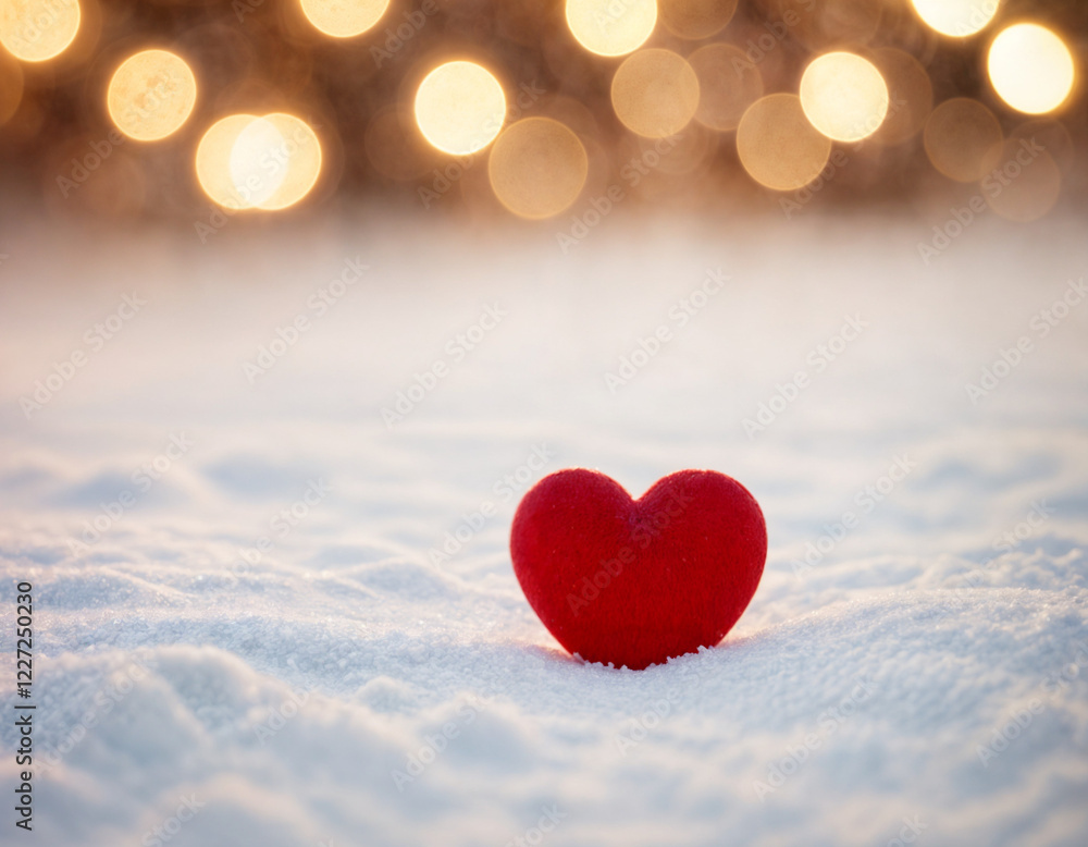 February 14 postcard, red heart on the snow among blurry lights, space for text, February 14 postcard, red heart on the snow among blurry lights, space for text,